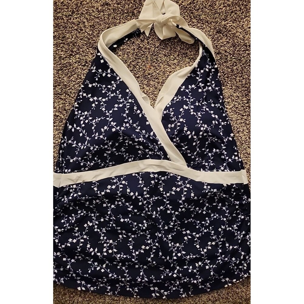 Lands' End Swim Top Navy 2X Plunge V-Neck Tankini Floral Womens Padded S1016